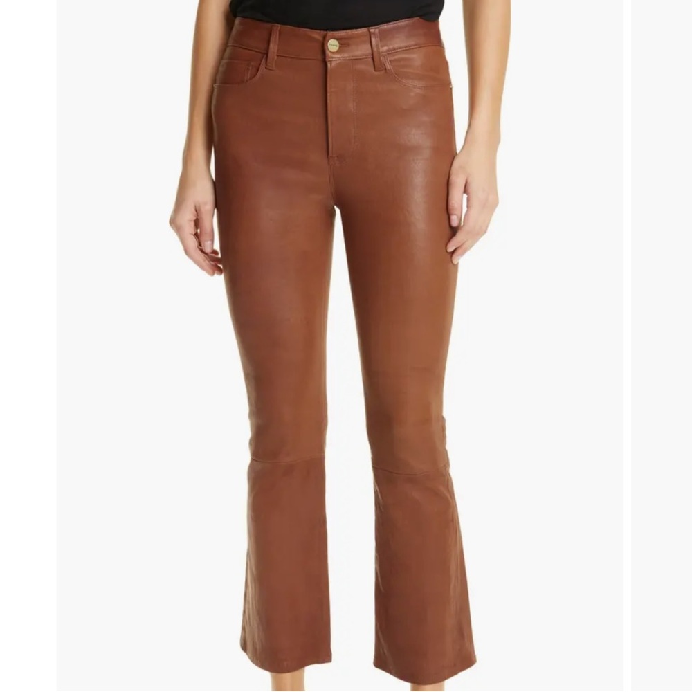 Frame Denim Brown Boot Cut Pants Le Crop Mini Boot Leather Pants TOBACCO